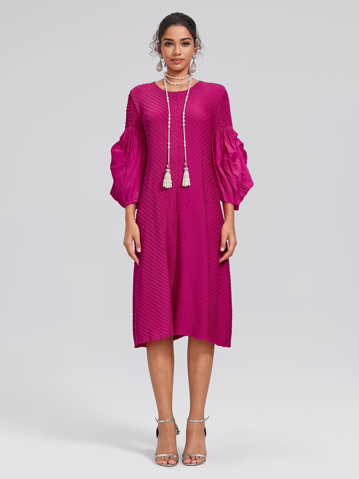 Pleated Bell-Sleeve Crew-Neck Dress