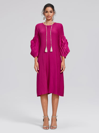 Pleated Bell-Sleeve Crew-Neck Dress