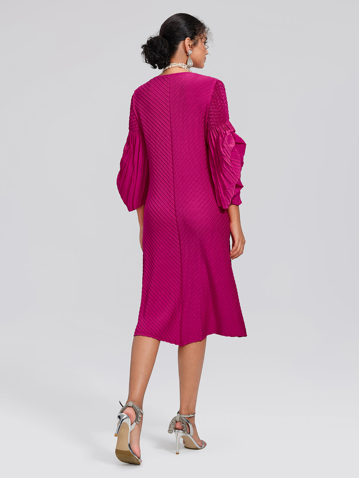 Pleated Bell-Sleeve Crew-Neck Dress