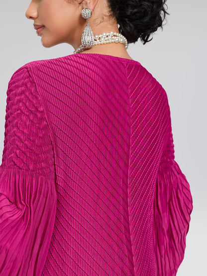 Pleated Bell-Sleeve Crew-Neck Dress
