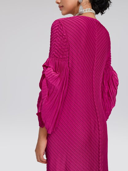 Pleated Bell-Sleeve Crew-Neck Dress