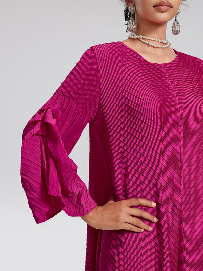 Pleated Bell-Sleeve Crew-Neck Dress
