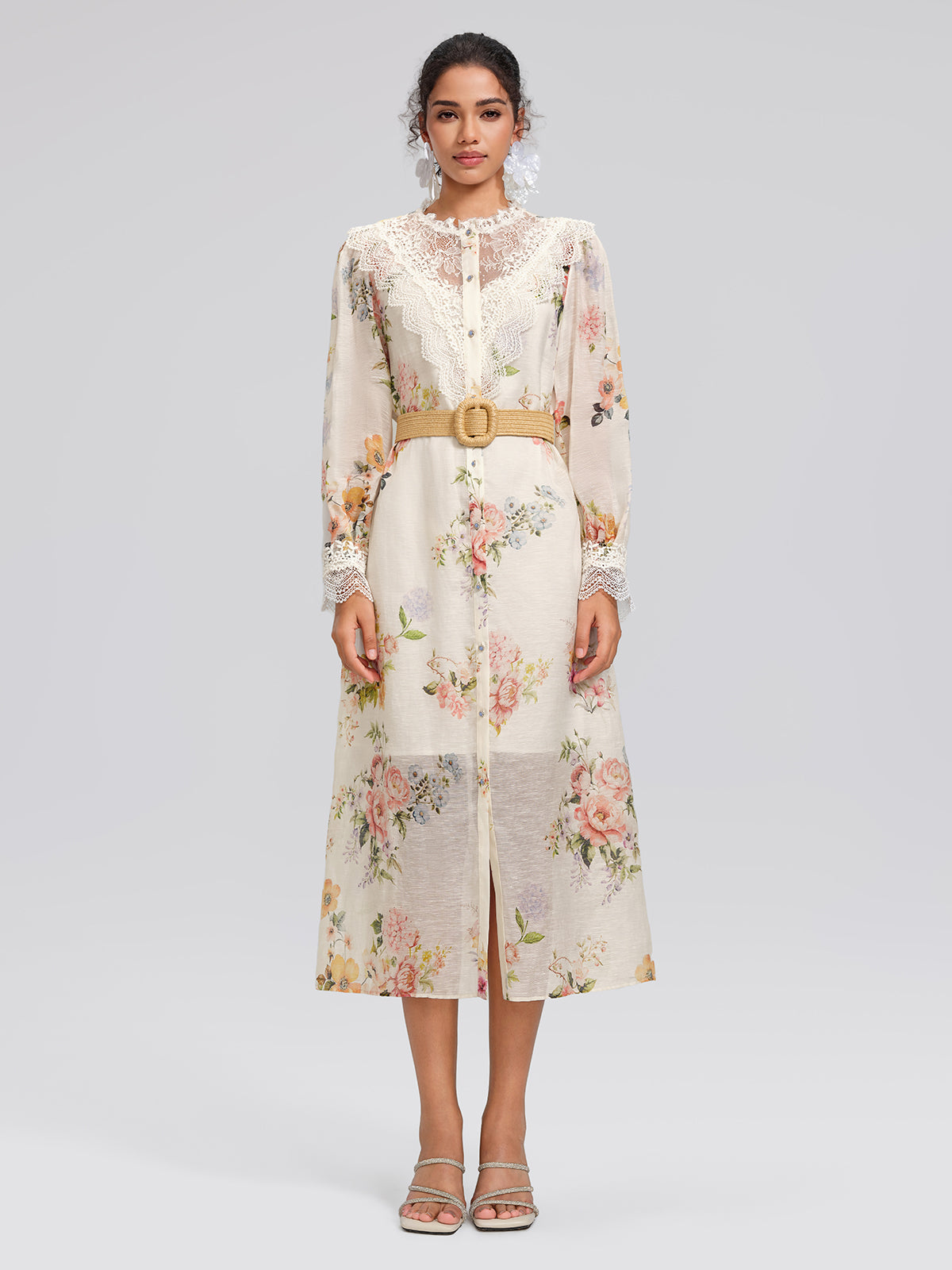Silk-Linen Printed Lace-Trim Dress (Slip & Belt Included)