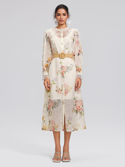 Silk-Linen Printed Lace-Trim Dress (Slip & Belt Included)