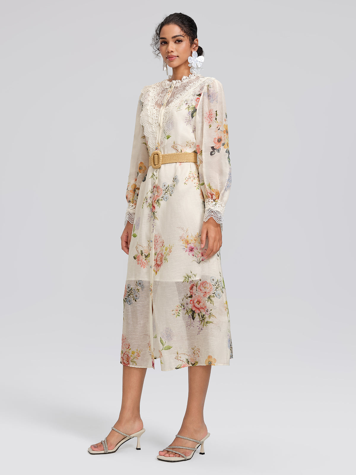 Silk-Linen Printed Lace-Trim Dress (Slip & Belt Included)