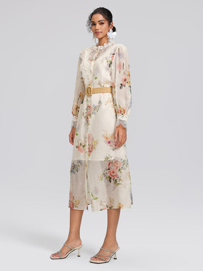 Silk-Linen Printed Lace-Trim Dress (Slip & Belt Included)