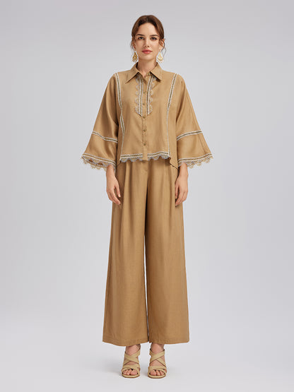 Baroque Linen Wide-Leg Elastic-Waist Pants