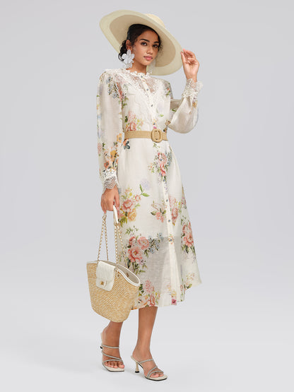 Silk-Linen Printed Lace-Trim Dress (Slip & Belt Included)