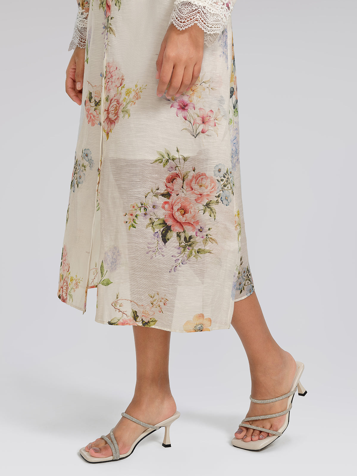 Silk-Linen Printed Lace-Trim Dress (Slip & Belt Included)