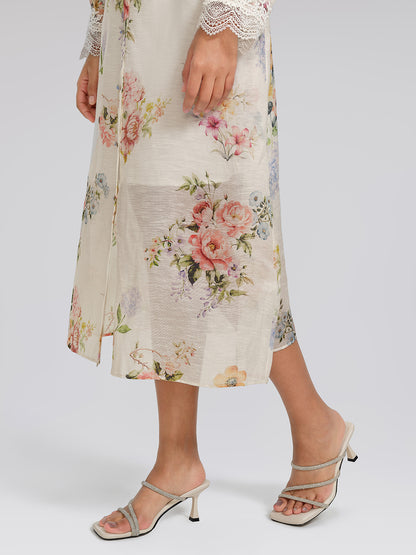 Silk-Linen Printed Lace-Trim Dress (Slip & Belt Included)