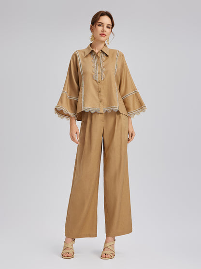 Baroque Linen Wide-Leg Elastic-Waist Pants