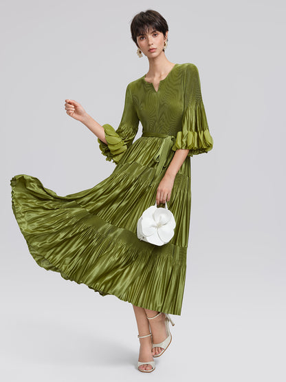 Pleated Cutwork Sleeve Tiered Dress(Waist Tie Included)