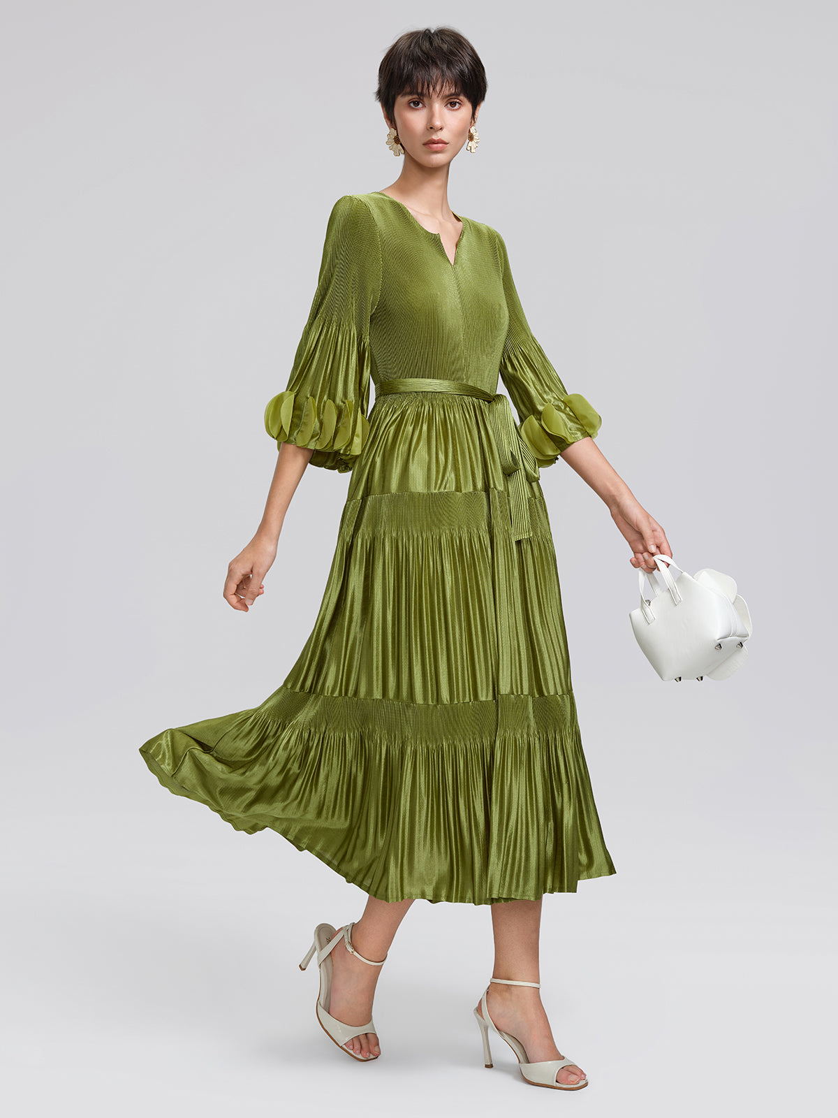 Pleated Cutwork Sleeve Tiered Dress(Waist Tie Included)