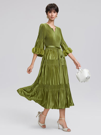 Pleated Cutwork Sleeve Tiered Dress(Waist Tie Included)