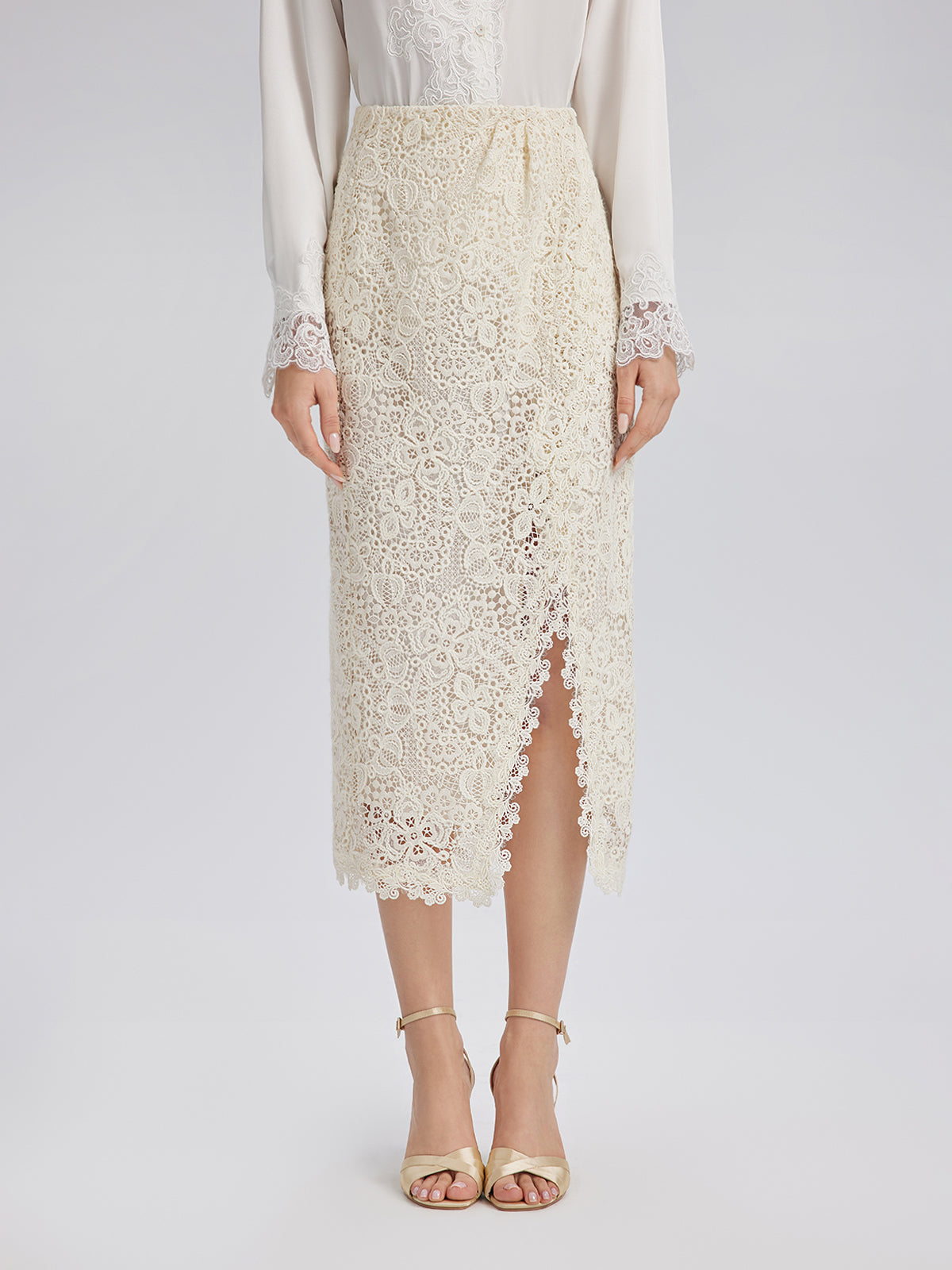 Intricate Embroidered Lace Slit Skirt