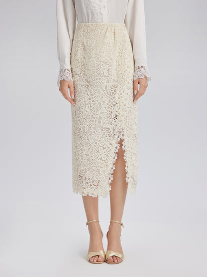 Intricate Embroidered Lace Slit Skirt