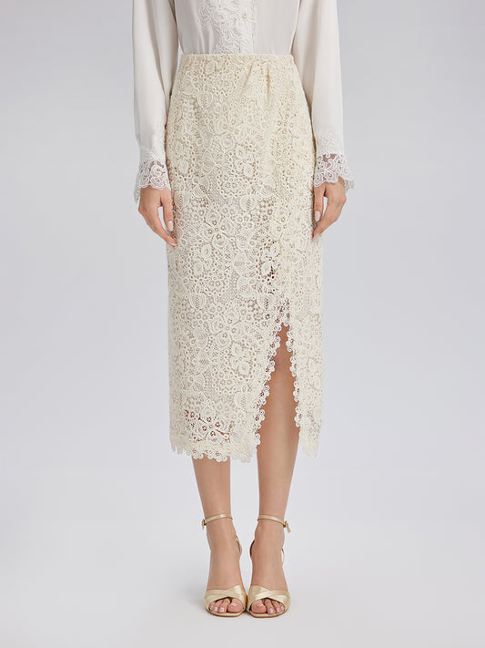 Intricate Embroidered Lace Slit Skirt