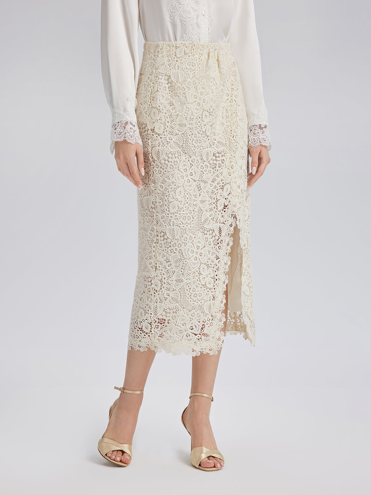 Intricate Embroidered Lace Slit Skirt