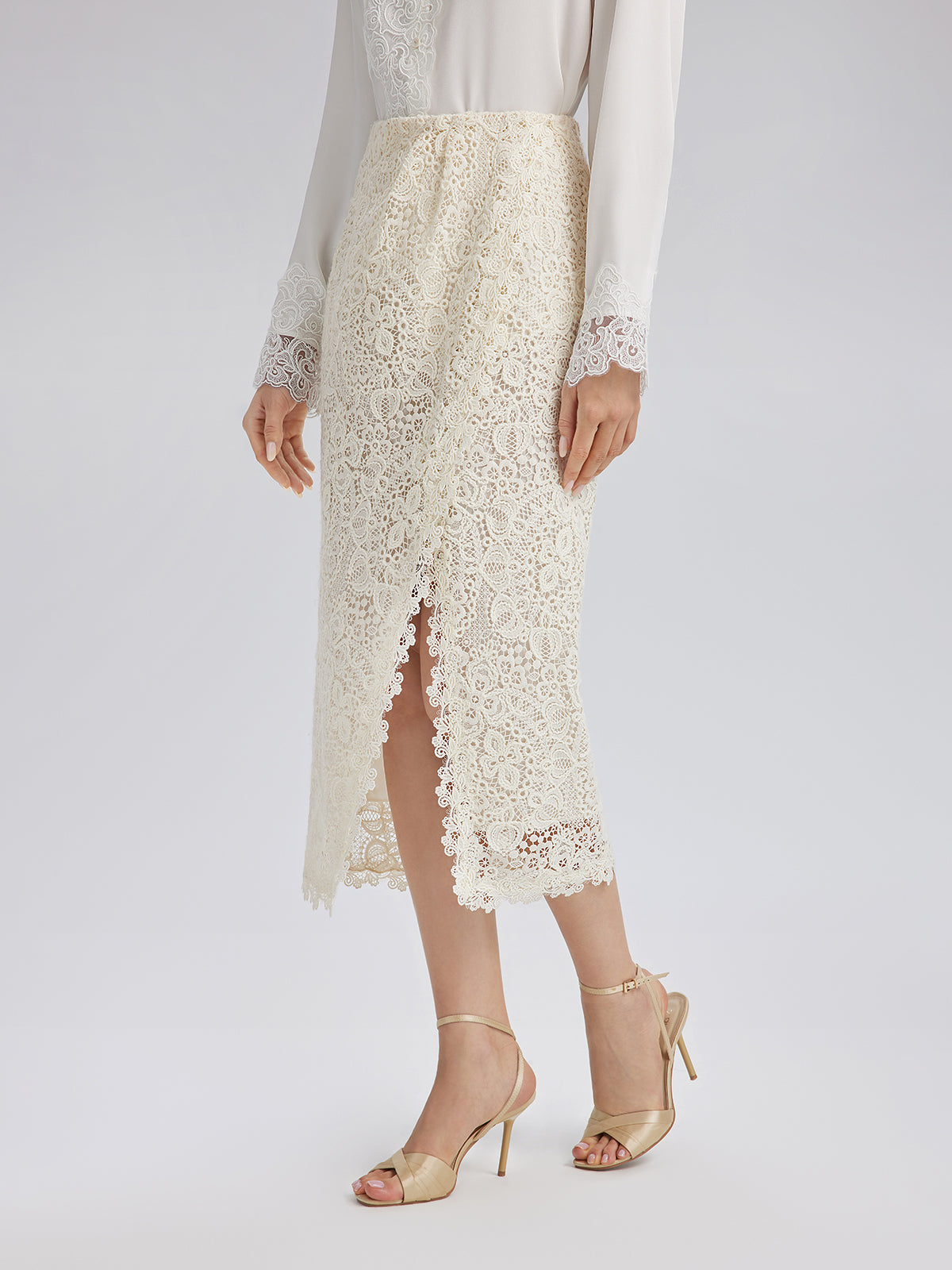 Intricate Embroidered Lace Slit Skirt