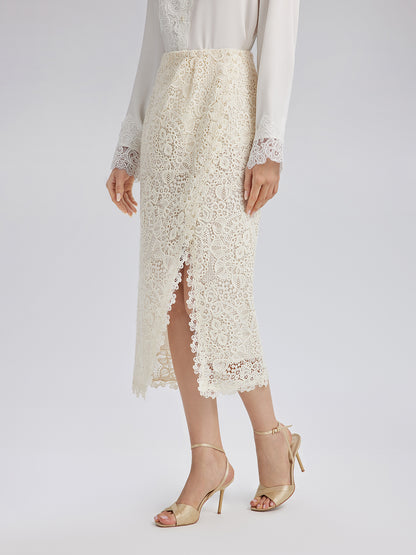 Intricate Embroidered Lace Slit Skirt