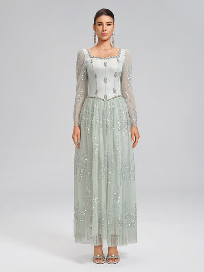 Hand-Beading Sequin Mesh Square-Neck Dress