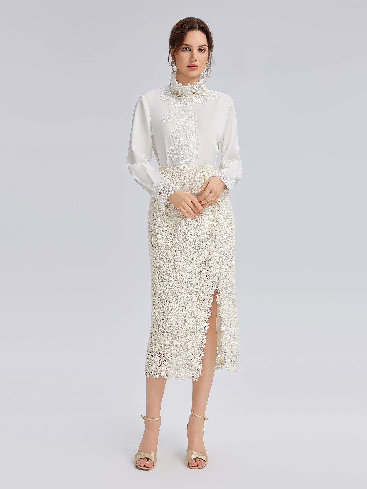 Intricate Embroidered Lace Slit Skirt
