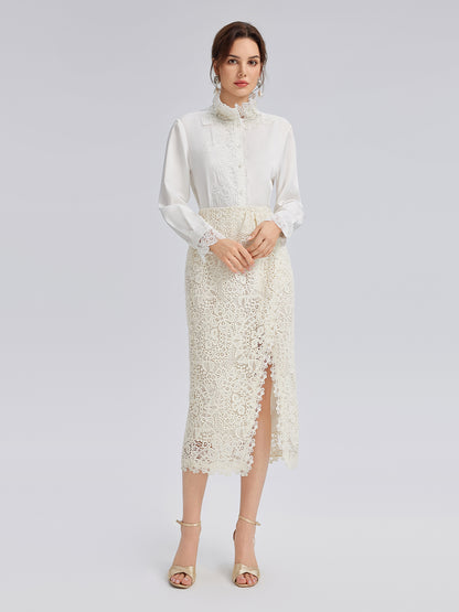 Intricate Embroidered Lace Slit Skirt
