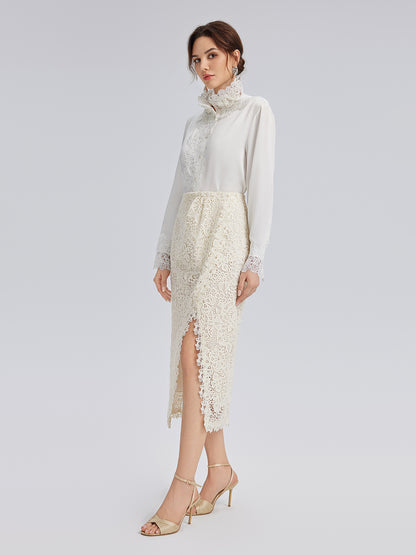 Intricate Embroidered Lace Slit Skirt