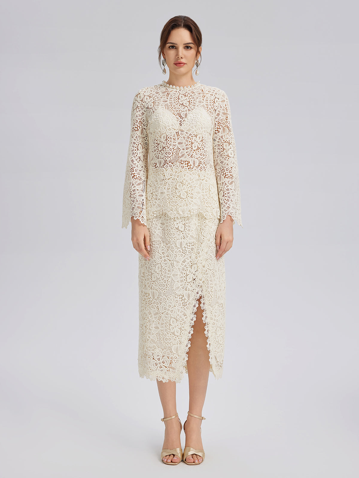 Intricate Embroidered Lace Slit Skirt