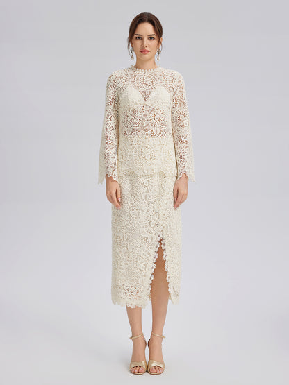 Intricate Embroidered Lace Slit Skirt