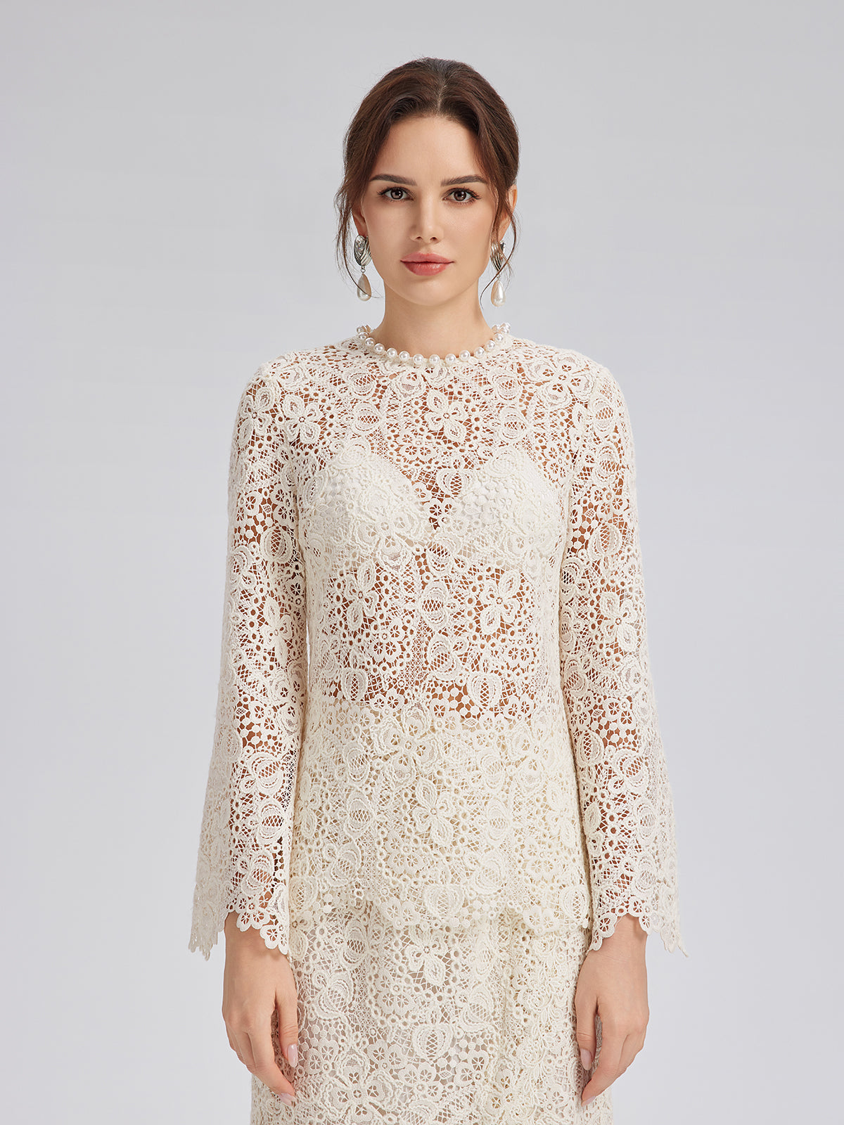 Intricate Embroidered Lace Pearl Top