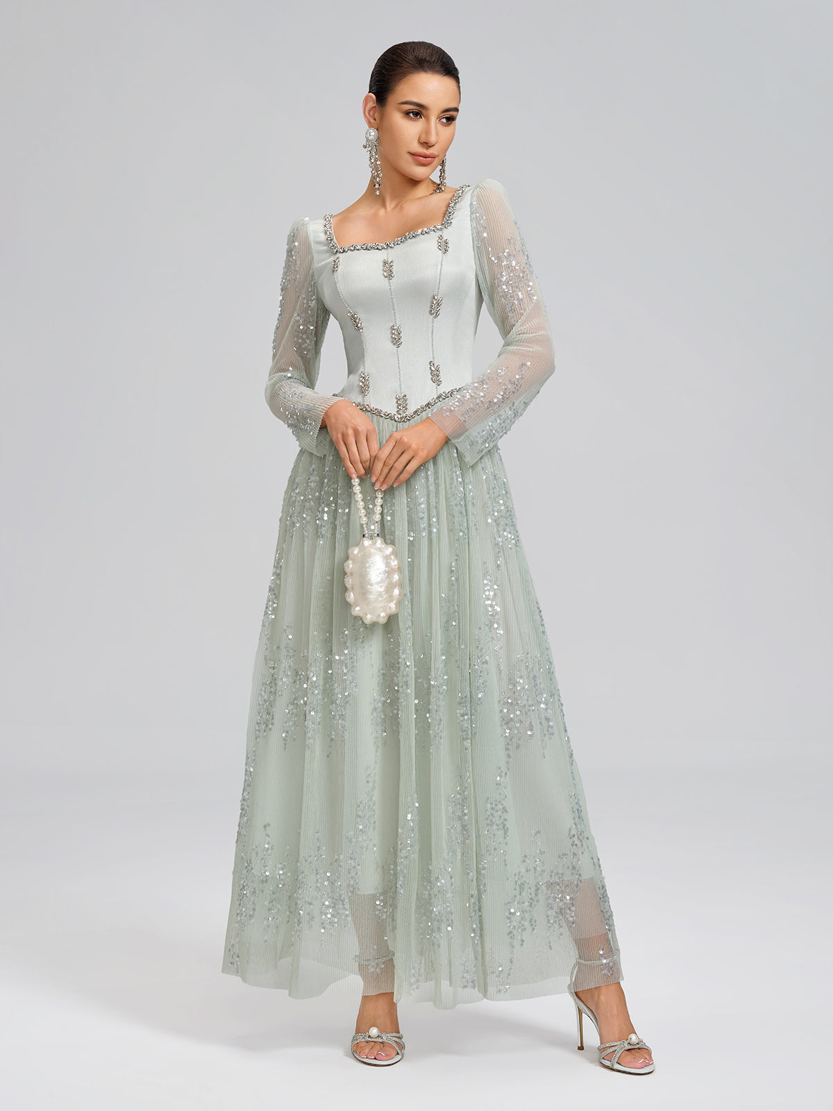 Hand-Beading Sequin Mesh Square-Neck Dress