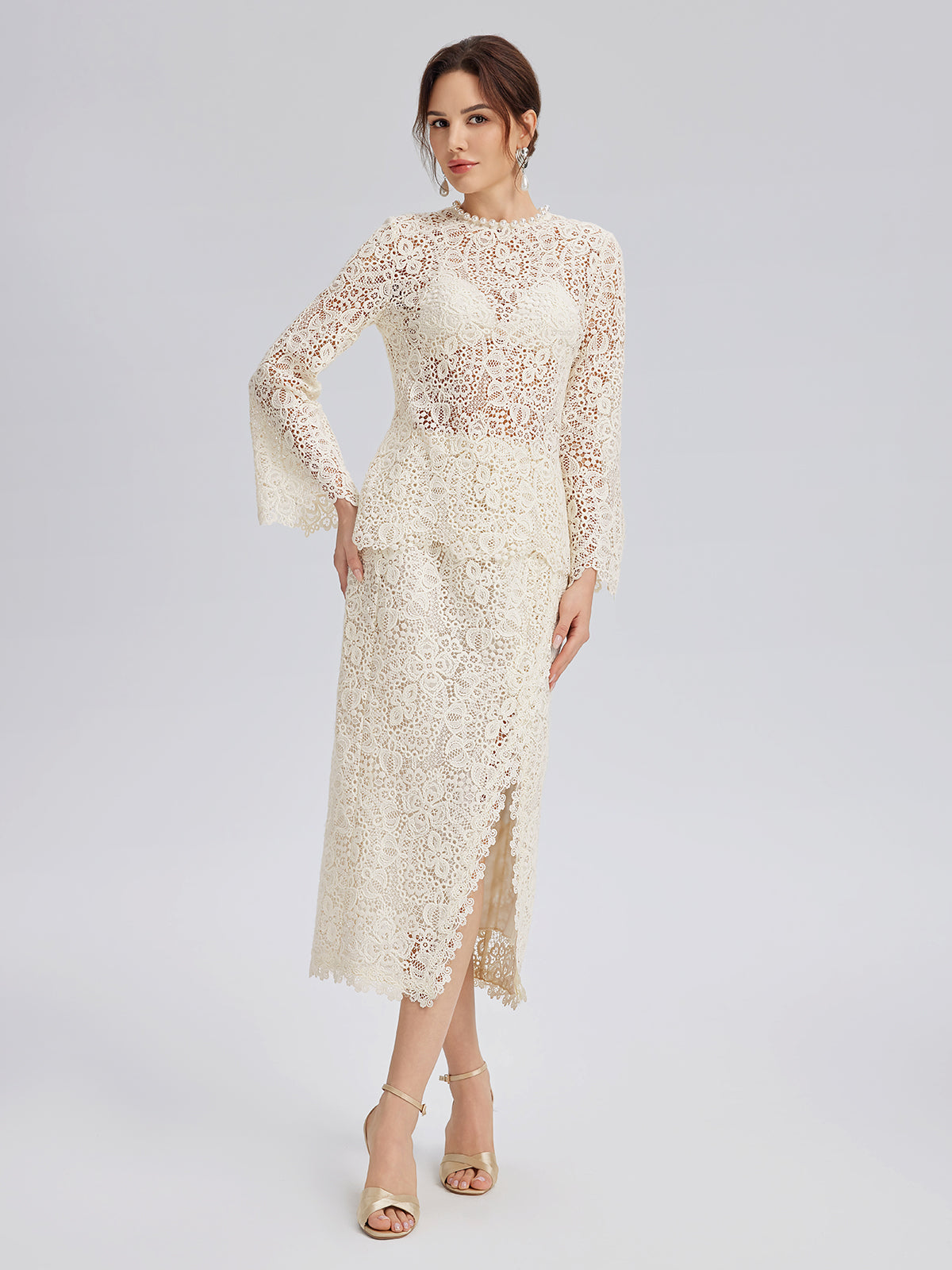 Intricate Embroidered Lace Slit Skirt