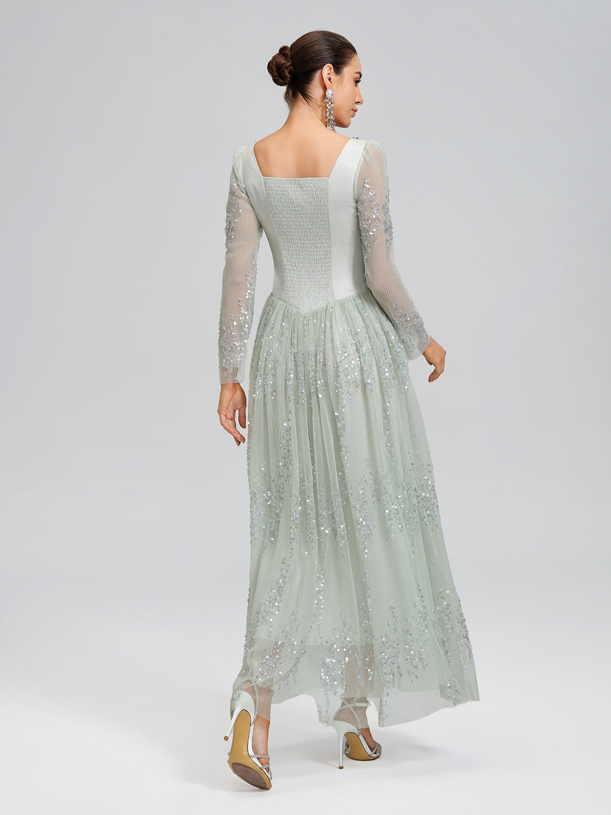 Hand-Beading Sequin Mesh Square-Neck Dress