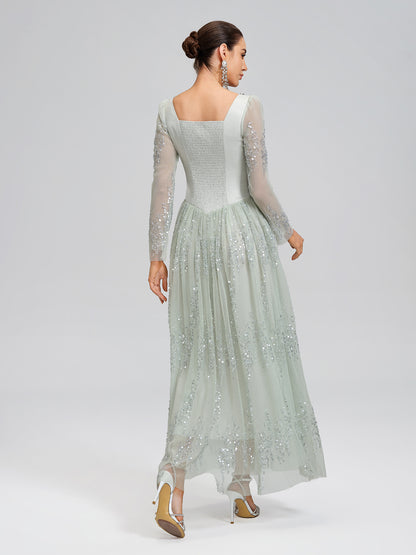 Hand-Beading Sequin Mesh Square-Neck Dress