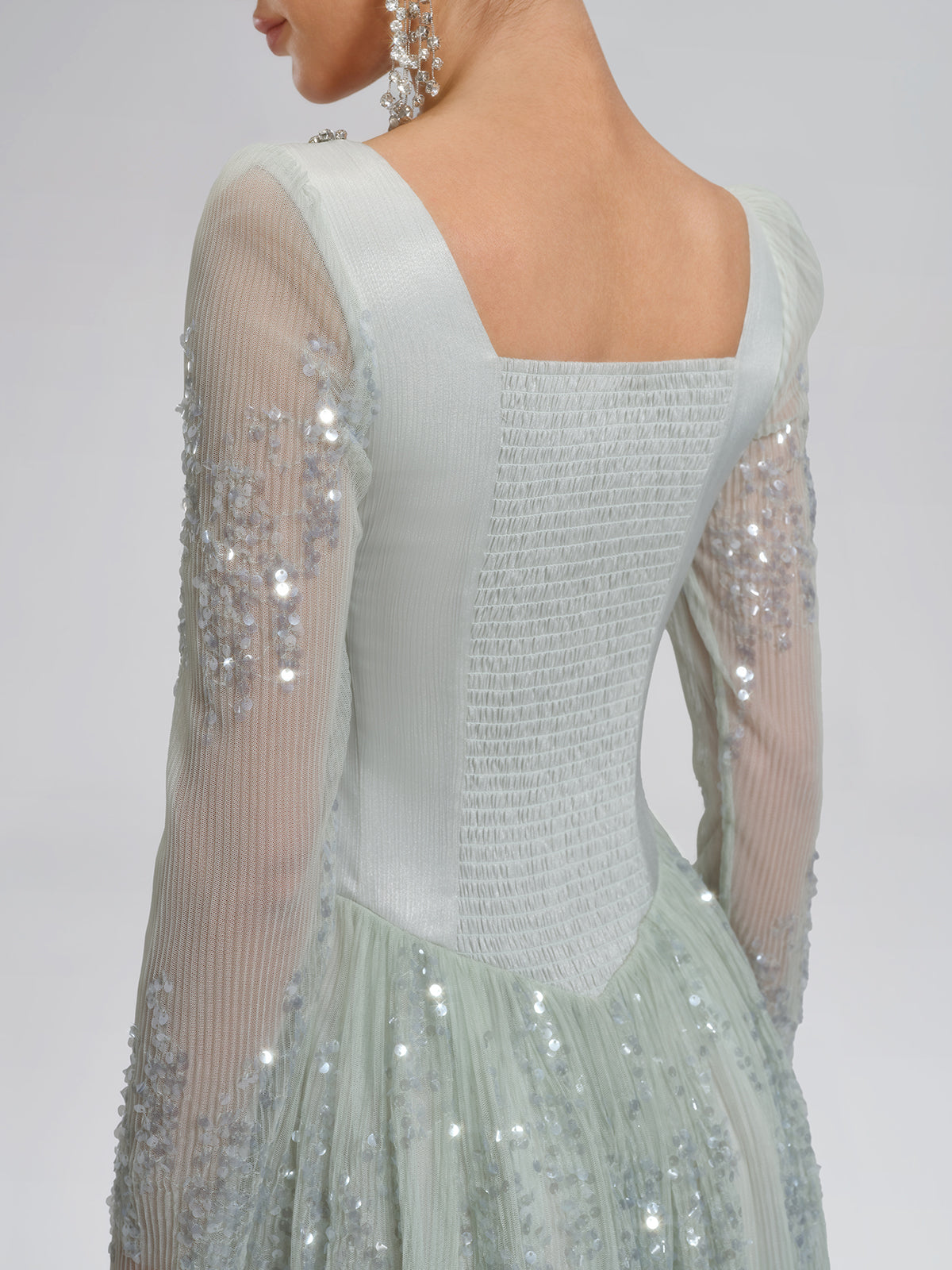 Hand-Beading Sequin Mesh Square-Neck Dress