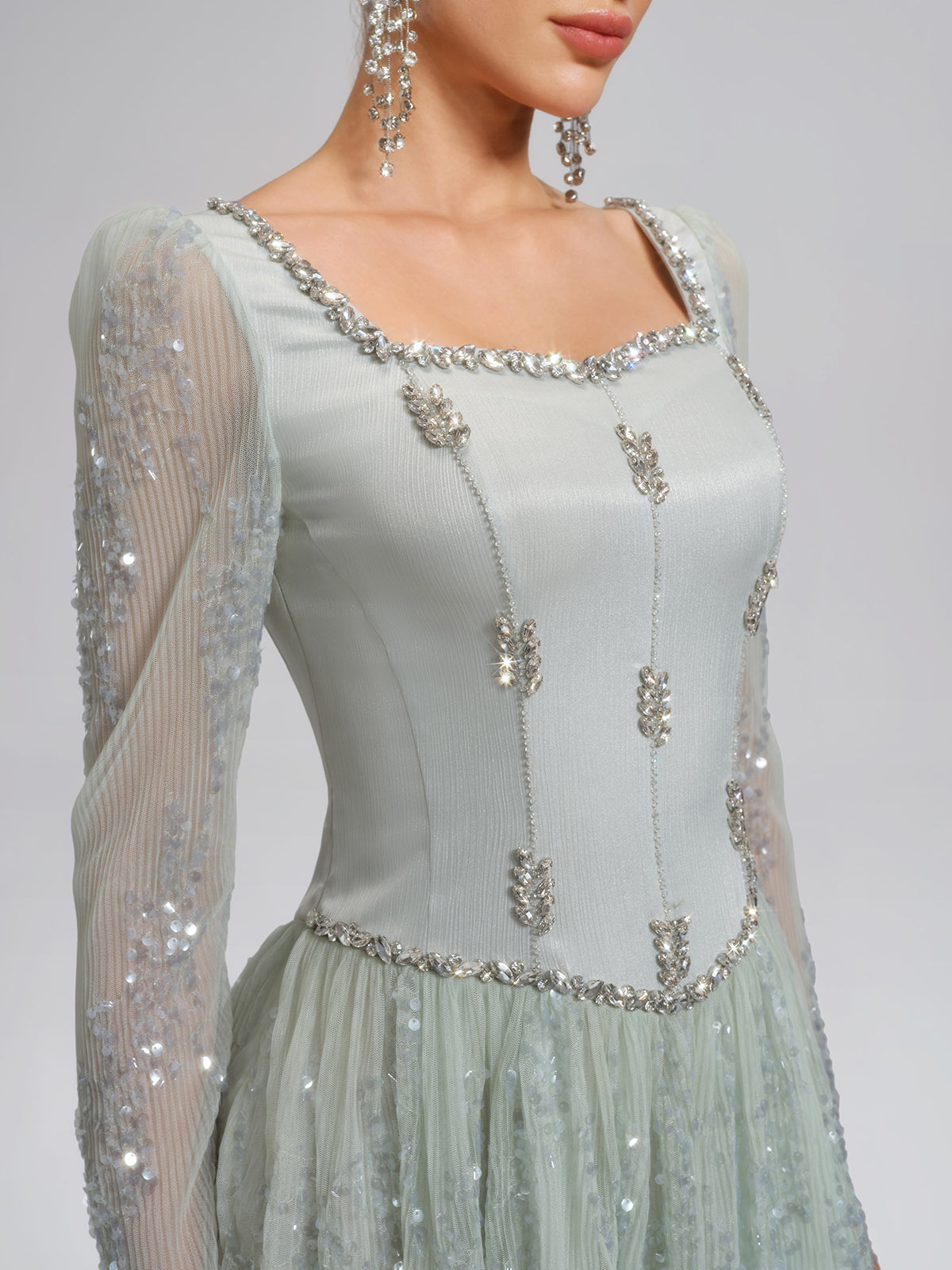 Hand-Beading Sequin Mesh Square-Neck Dress