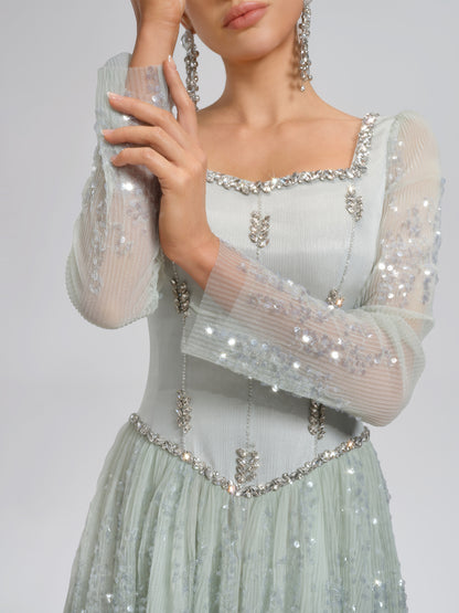 Hand-Beading Sequin Mesh Square-Neck Dress