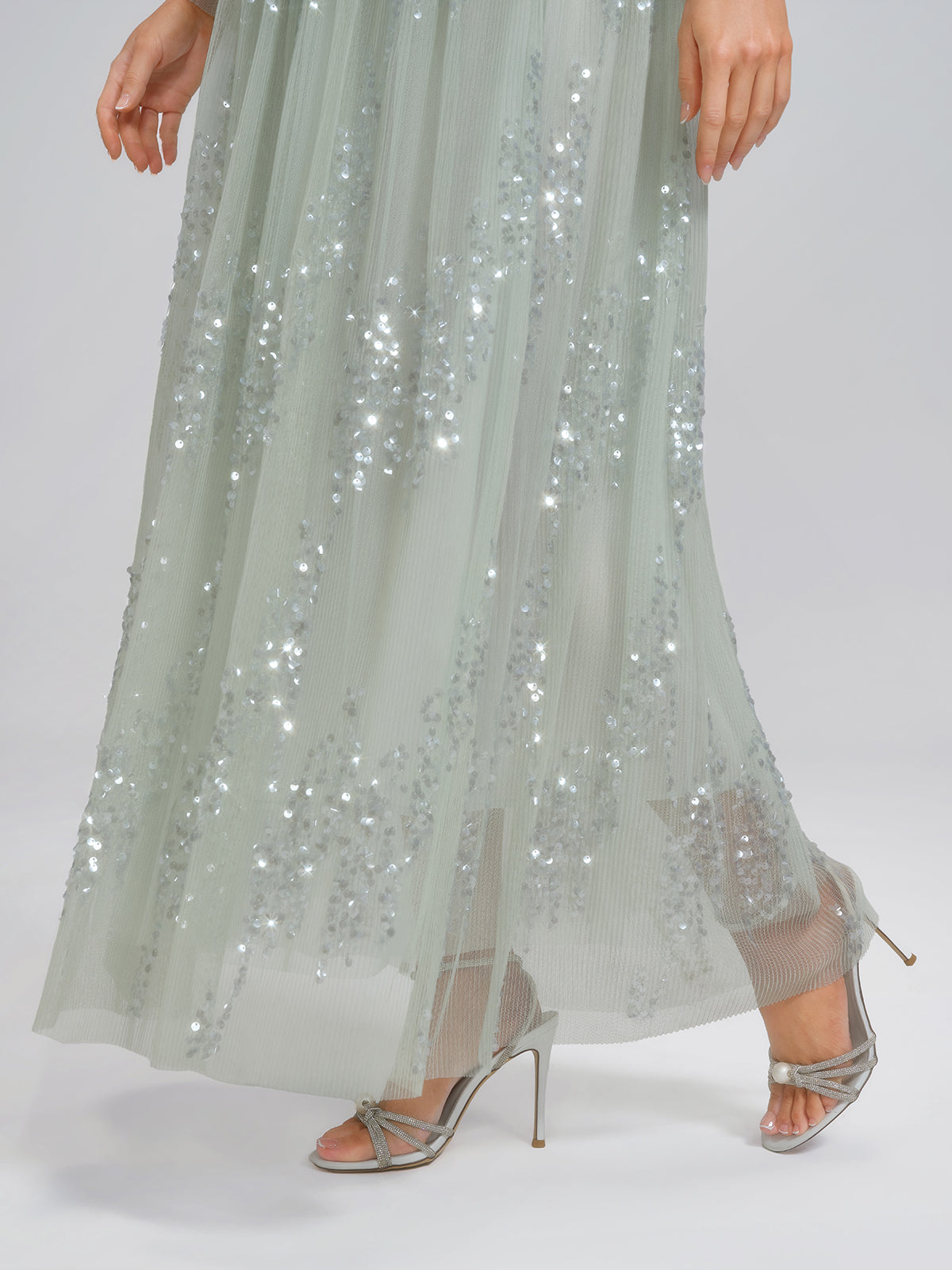 Hand-Beading Sequin Mesh Square-Neck Dress