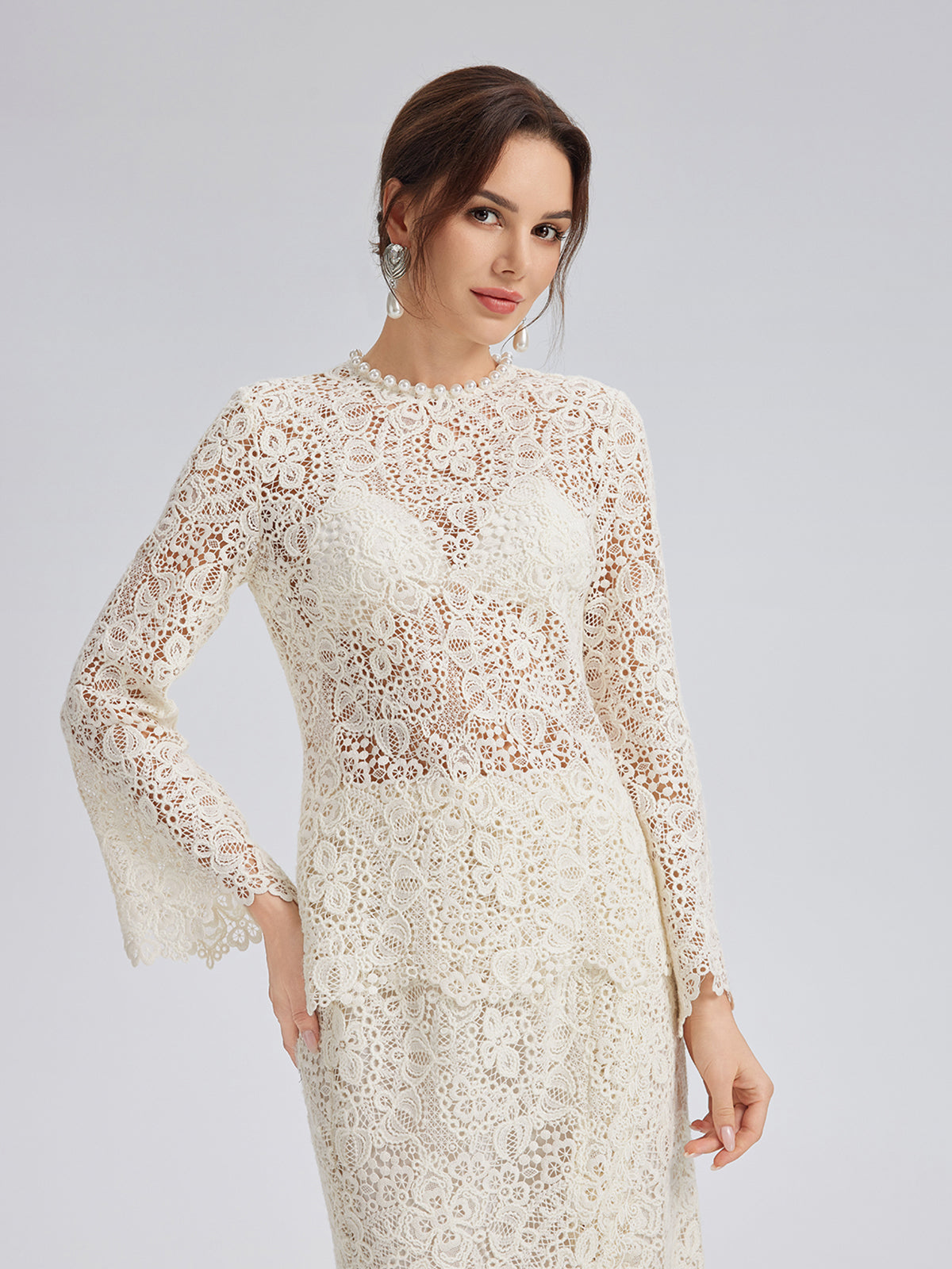 Intricate Embroidered Lace Pearl Top