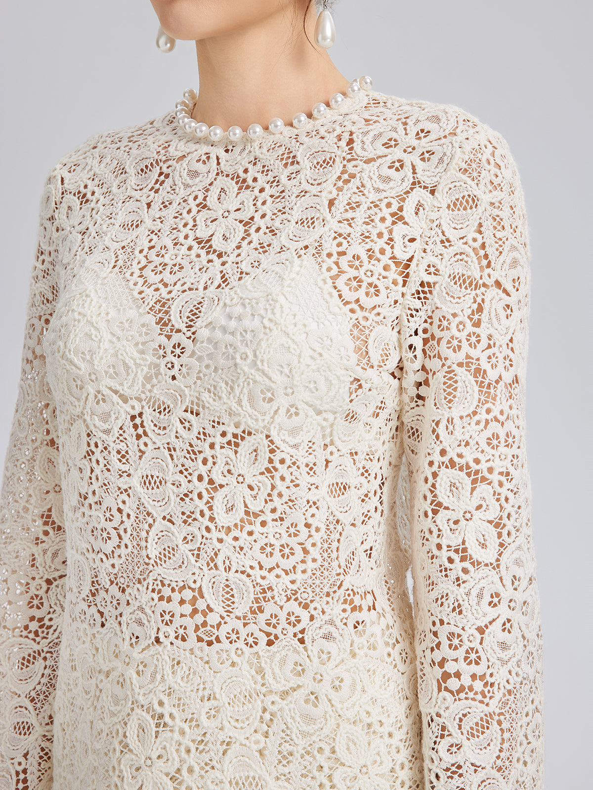 Intricate Embroidered Lace Pearl Top