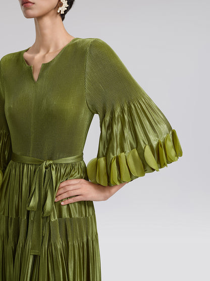 Pleated Cutwork Sleeve Tiered Dress(Waist Tie Included)
