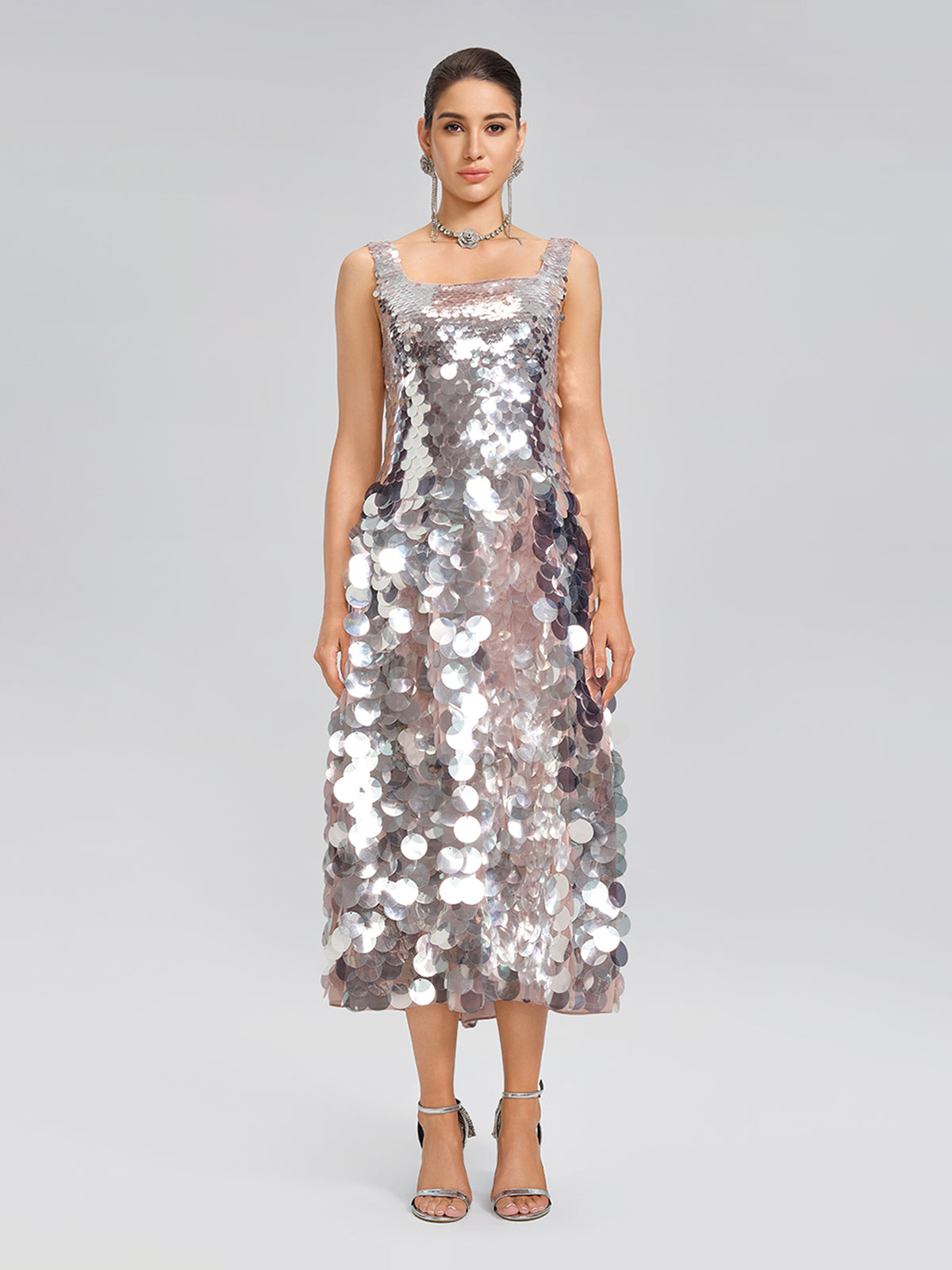 Silver Sequin Square-Neck Gown