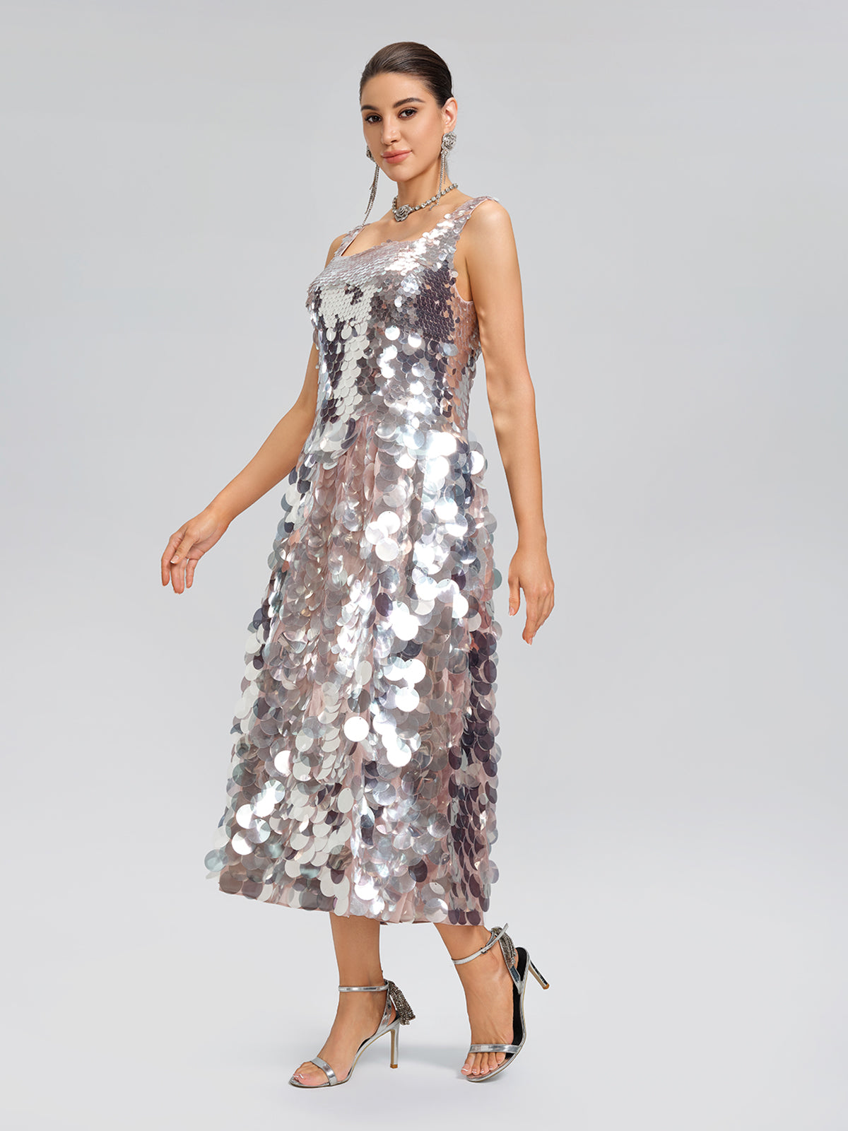 Silver Sequin Square-Neck Gown