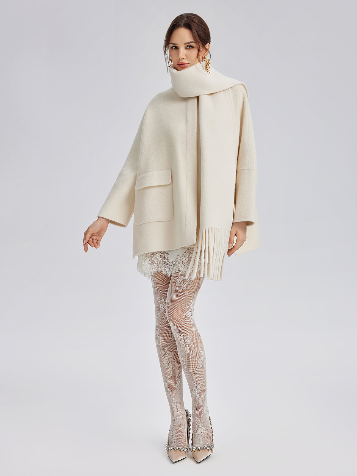 Double-Faced Wool Coat (Fringe Scarf Included)