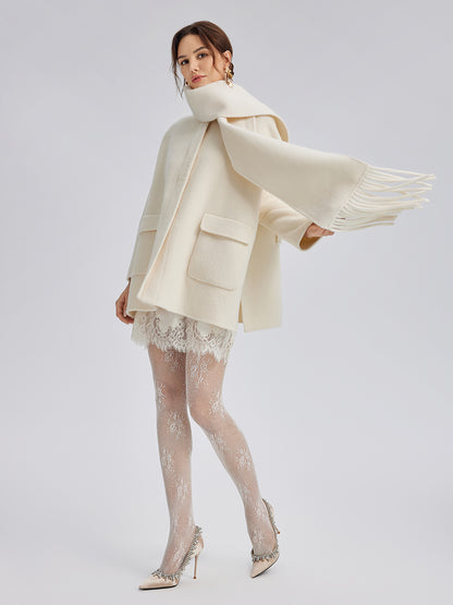 Double-Faced Wool Coat (Fringe Scarf Included)