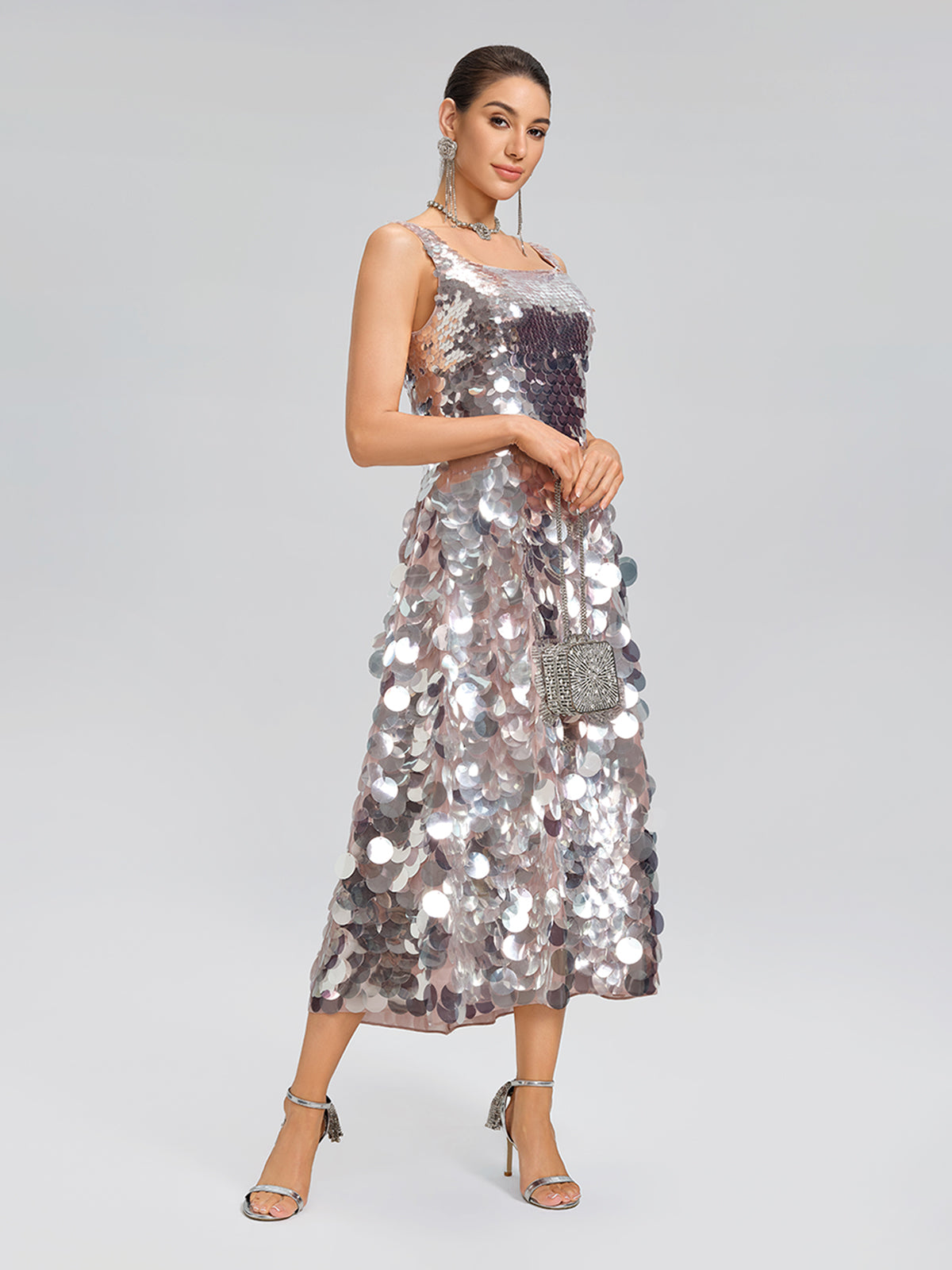 Silver Sequin Square-Neck Gown