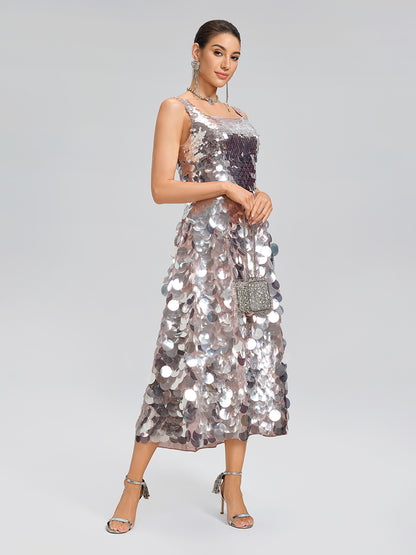 Silver Sequin Square-Neck Gown