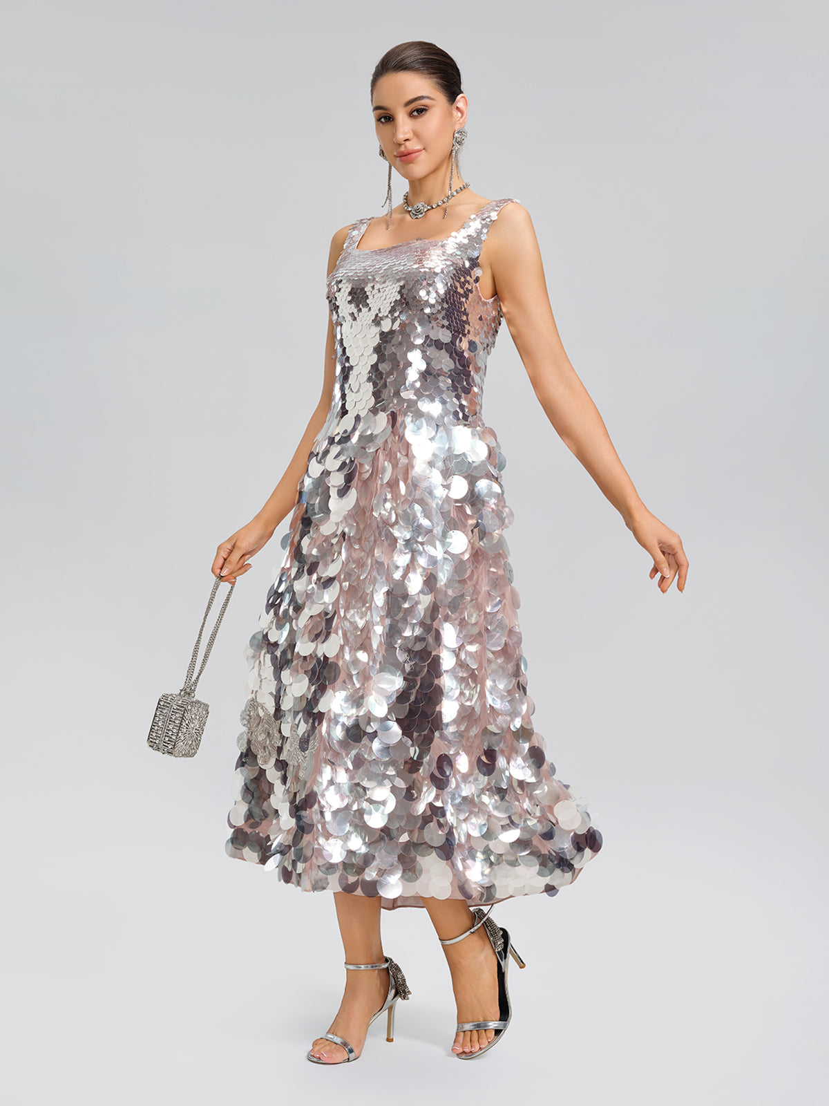 Silver Sequin Square-Neck Gown