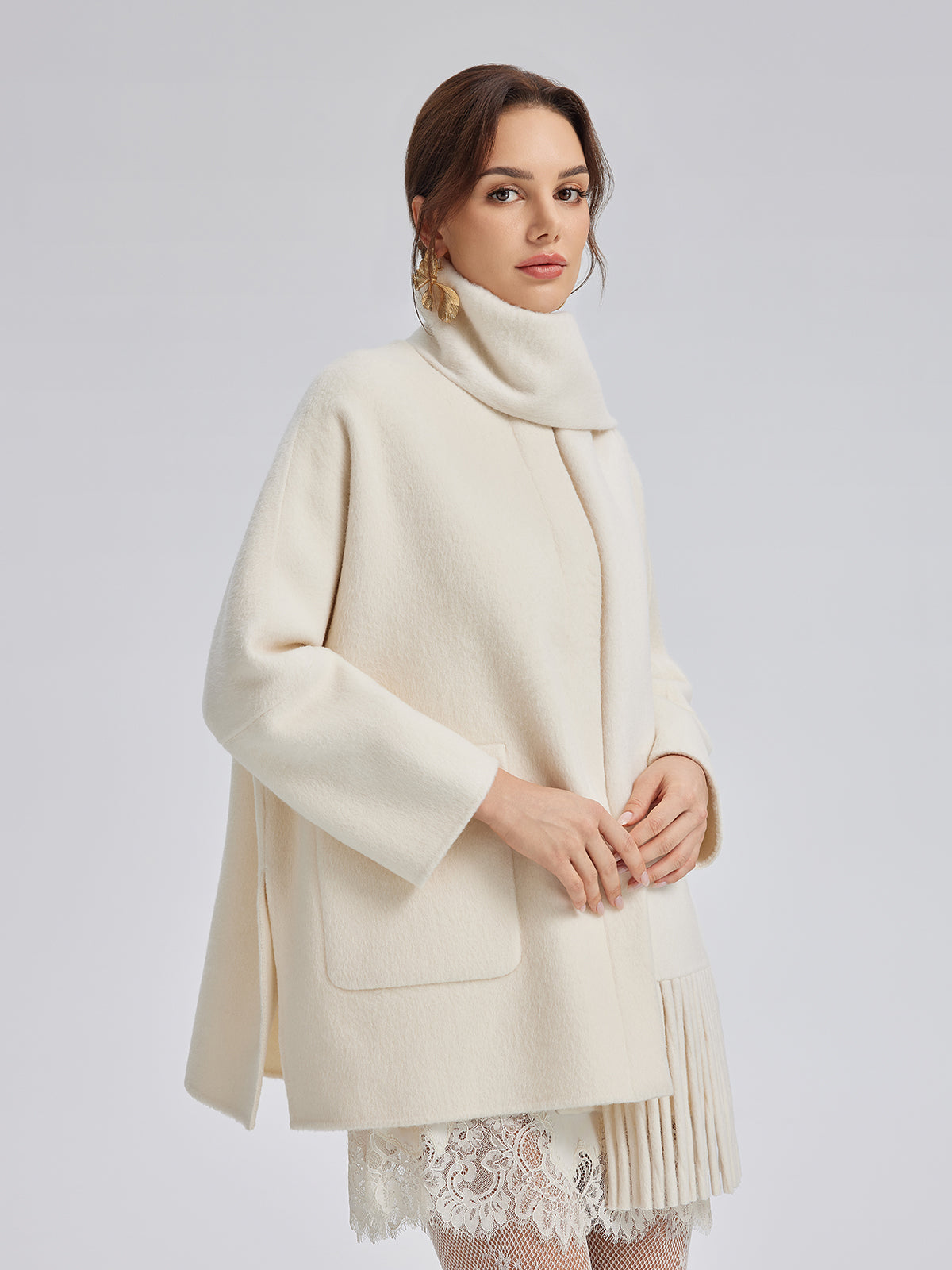 Double-Faced Wool Coat (Fringe Scarf Included)